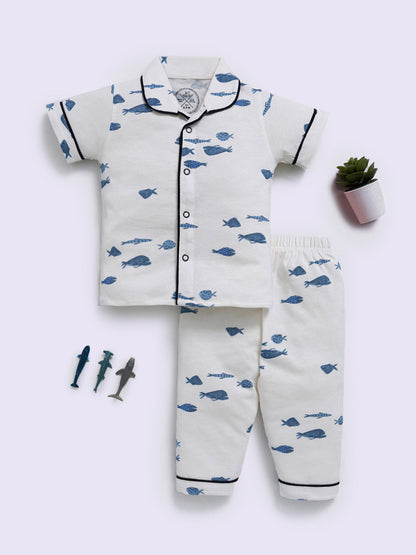 'Sea World' Blue Cotton Half Sleeve Night Suit