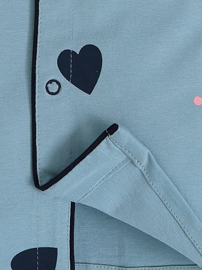 Teal Hearts Print Full Sleeve Night Suit