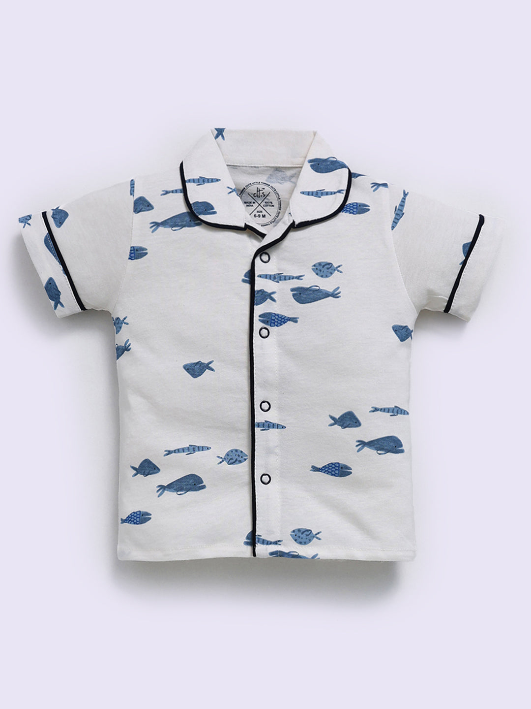 'Sea World' Blue Cotton Half Sleeve Night Suit