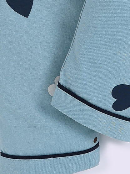 Teal Hearts Print Full Sleeve Night Suit