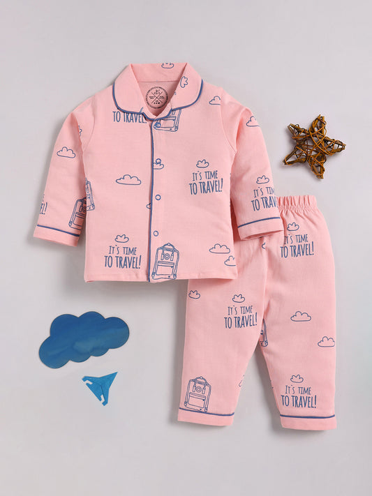 Pink Cotton Full Sleeves Typography Nightwear Set