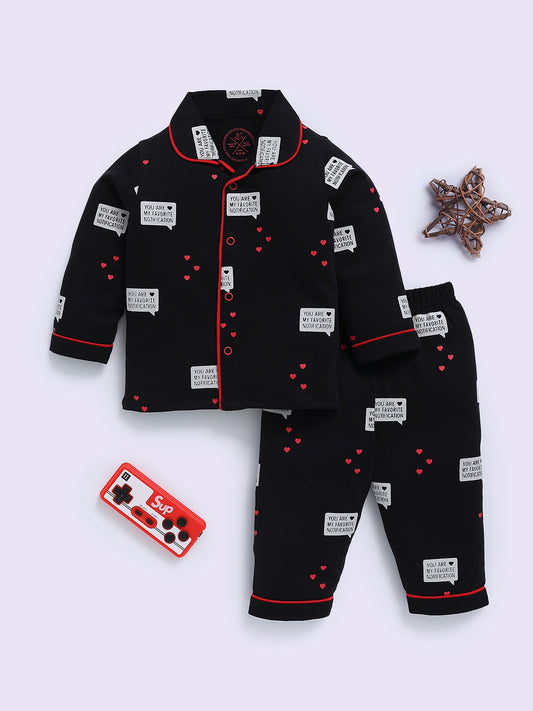 Black Cotton Typography Full Sleeve Night Suit