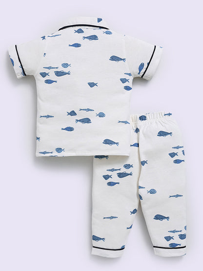 'Sea World' Blue Cotton Half Sleeve Night Suit