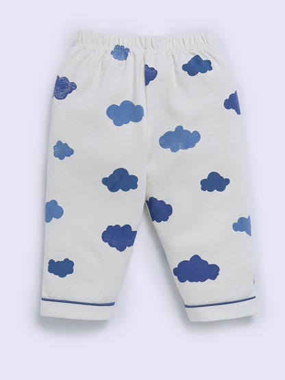 Blue Cotton Cloud Print Full Sleeve Night Suit