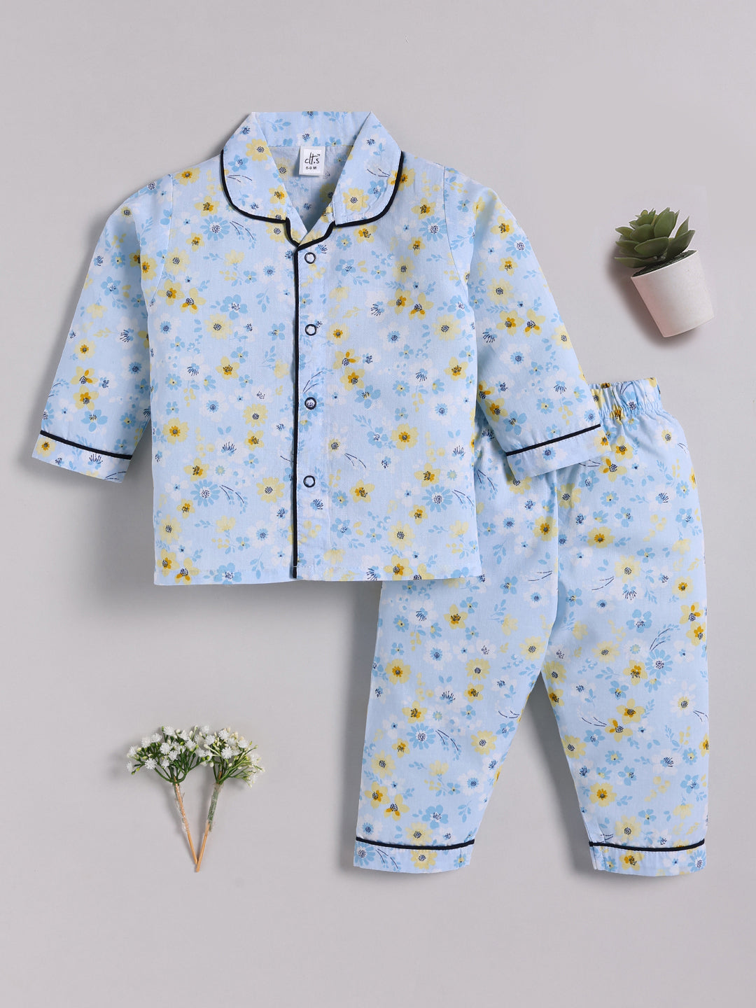 Blue Cotton Floral Full Sleeve Night Suit