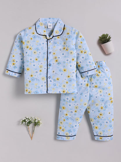Blue Cotton Floral Full Sleeve Night Suit