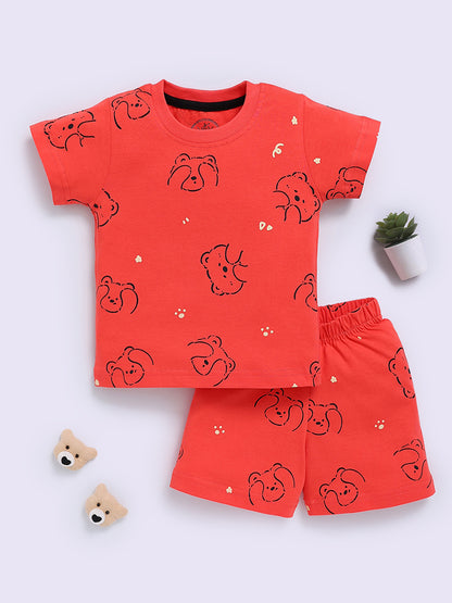 Orange "Bears" Half Sleeve Cotton Co-ord Set