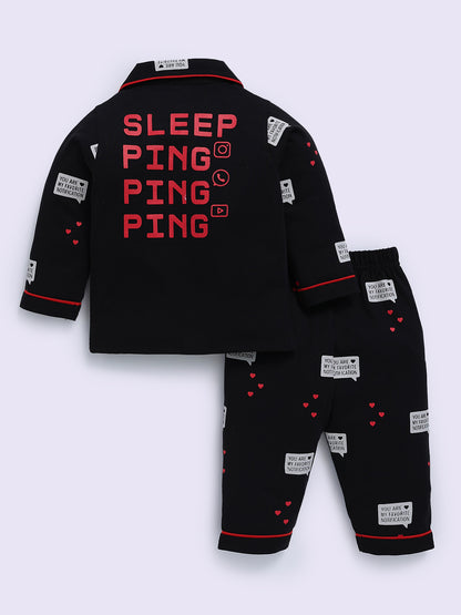 Black Cotton Typography Full Sleeve Night Suit