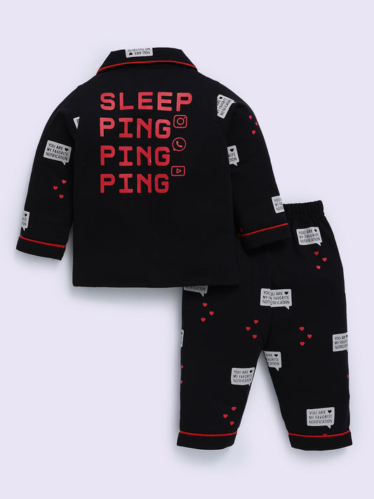 Black Cotton Typography Full Sleeve Night Suit
