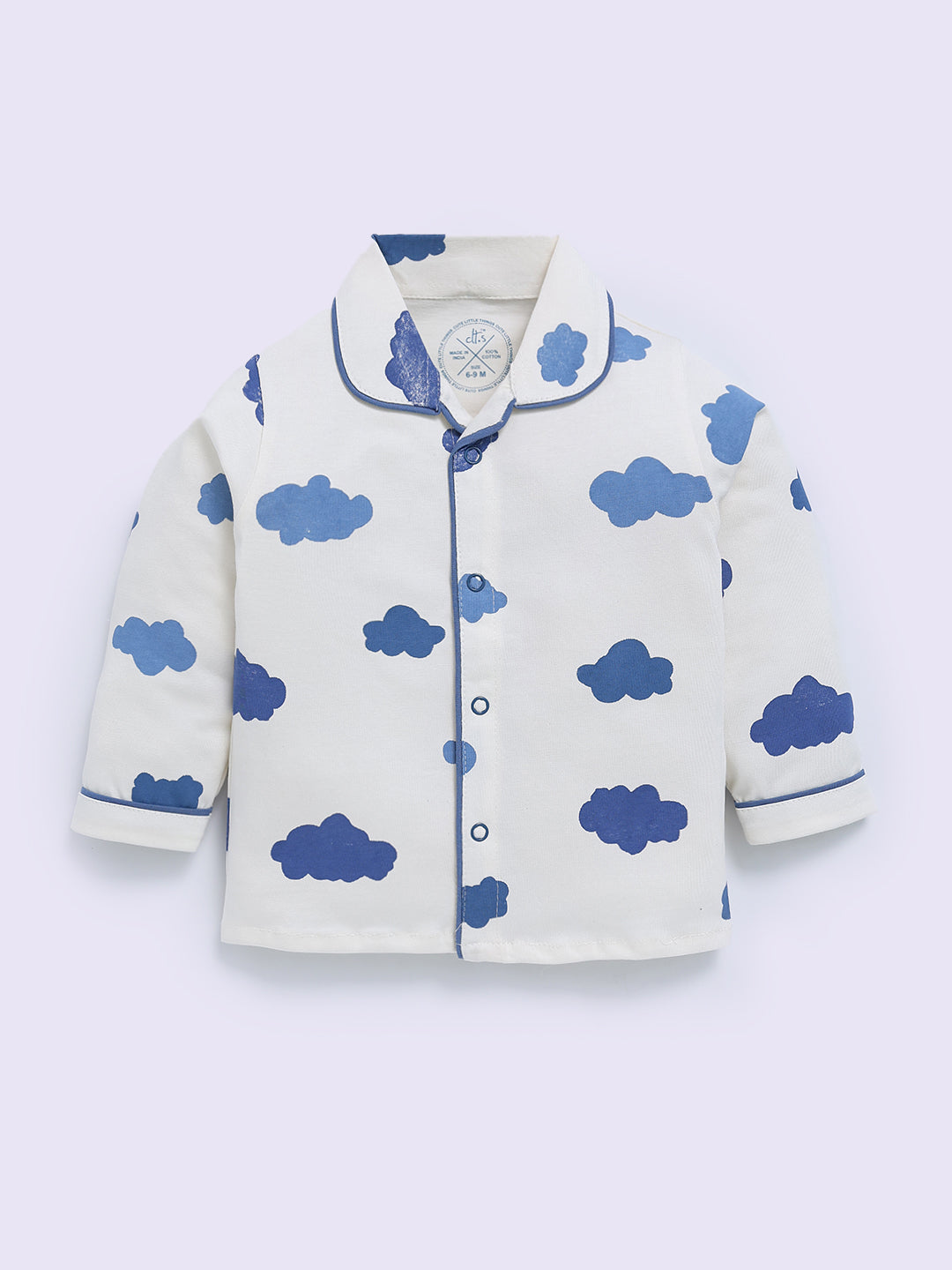 Blue Cotton Cloud Print Full Sleeve Night Suit