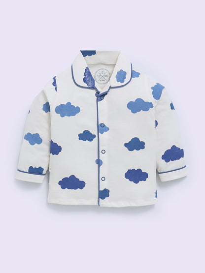 Blue Cotton Cloud Print Full Sleeve Night Suit