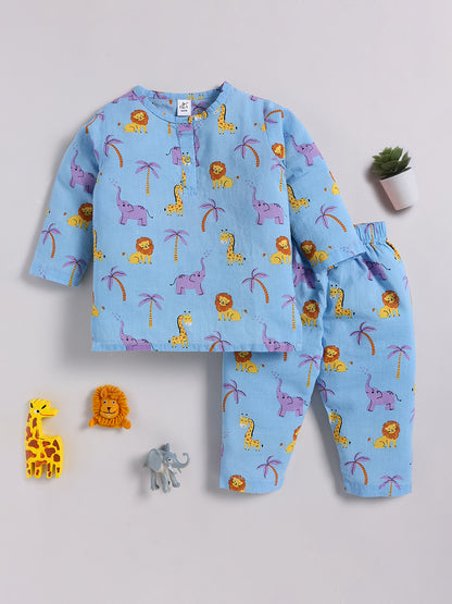 Blue Cotton "Animal Kingdom" Full Sleeve Print Kurta Pyjama