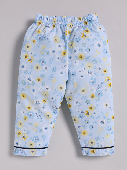 Blue Cotton Floral Full Sleeve Night Suit