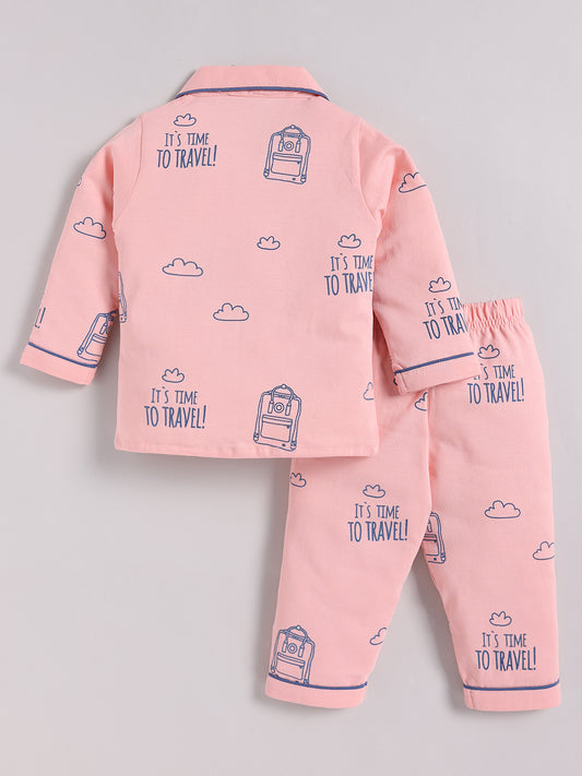 Pink Cotton Full Sleeves Typography Nightwear Set