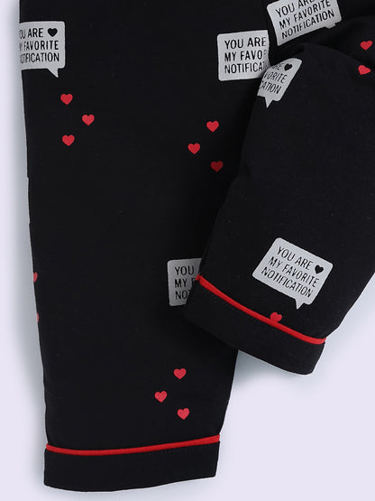 Black Cotton Typography Full Sleeve Night Suit