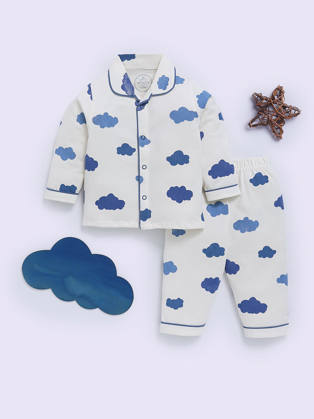 Blue Cotton Cloud Print Full Sleeve Night Suit