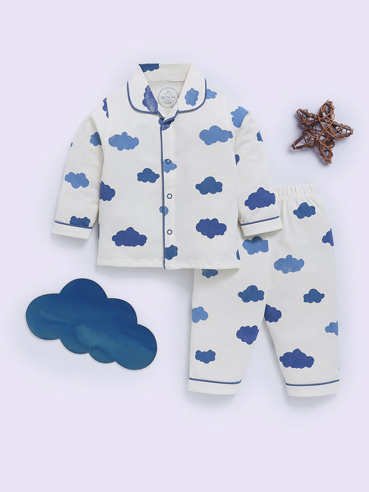 Blue Cotton Cloud Print Full Sleeve Night Suit