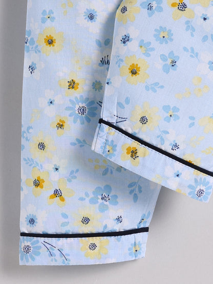 Blue Cotton Floral Full Sleeve Night Suit