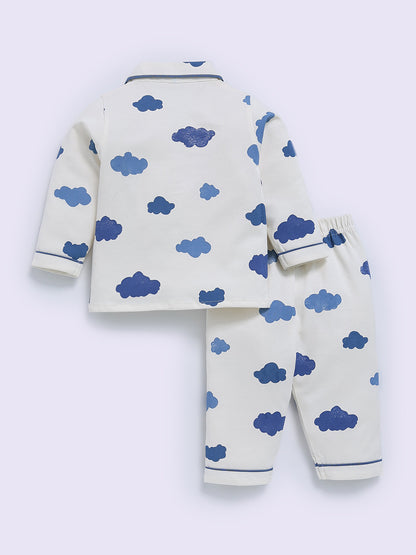 Blue Cotton Cloud Print Full Sleeve Night Suit
