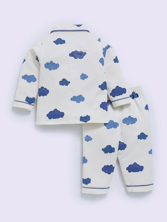 Blue Cotton Cloud Print Full Sleeve Night Suit