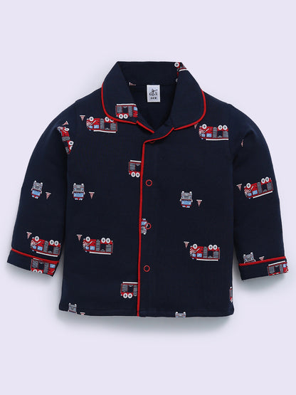 'Vehicles' Blue Cotton Full Sleeve Night Suit