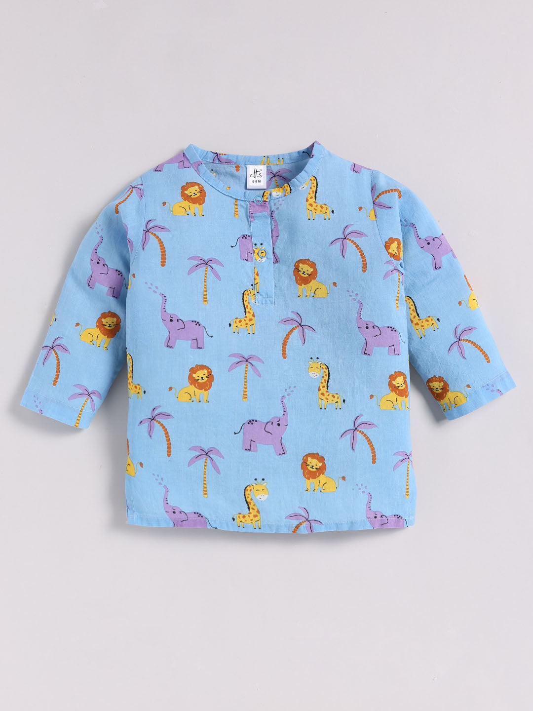 Blue Cotton "Animal Kingdom" Full Sleeve Print Kurta Pyjama