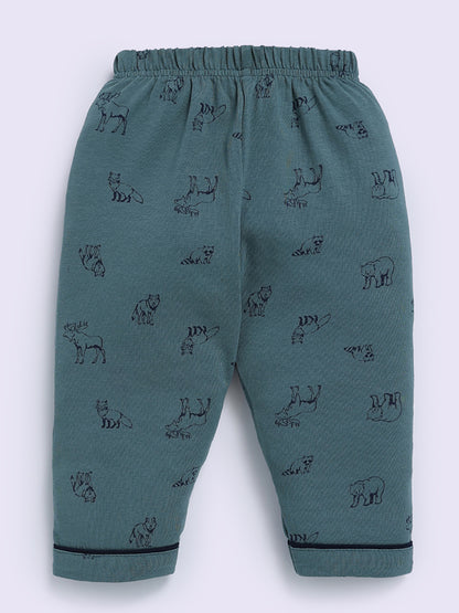 Green Cotton Animal Print Full Sleeve Night Suit