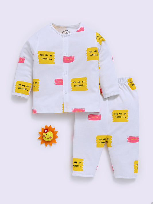White Cotton Typography Full Sleeve Night Suit