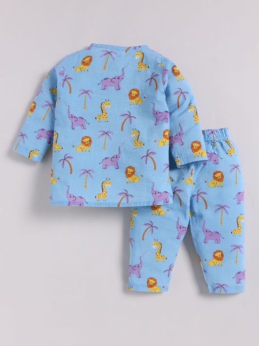 Blue Cotton "Animal Kingdom" Full Sleeve Print Kurta Pyjama
