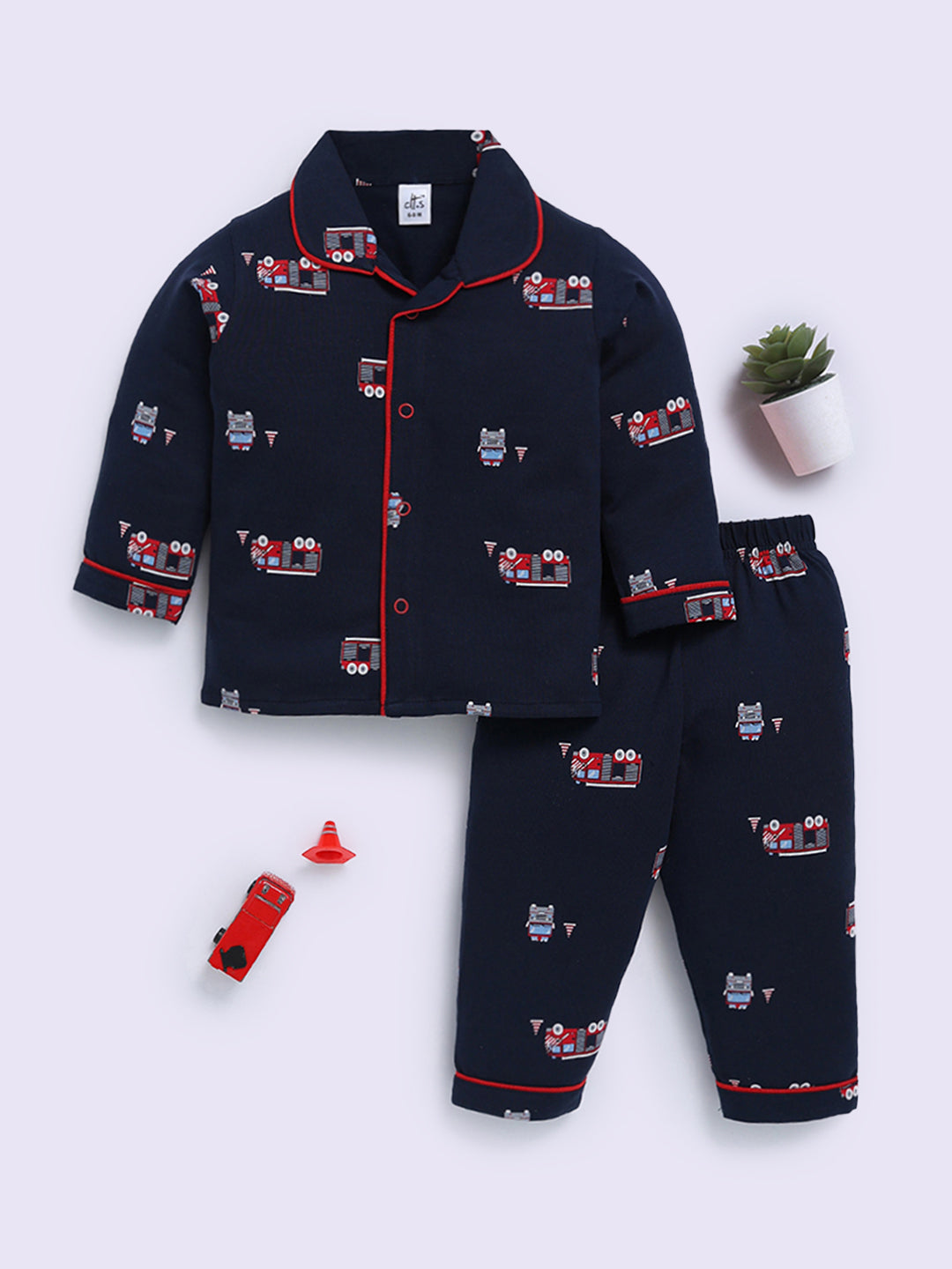 'Vehicles' Blue Cotton Full Sleeve Night Suit