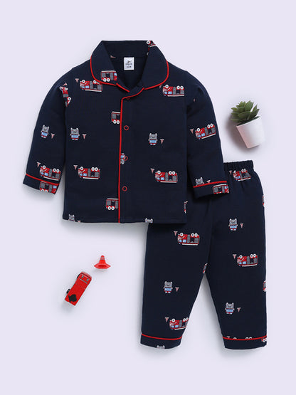 'Vehicles' Blue Cotton Full Sleeve Night Suit
