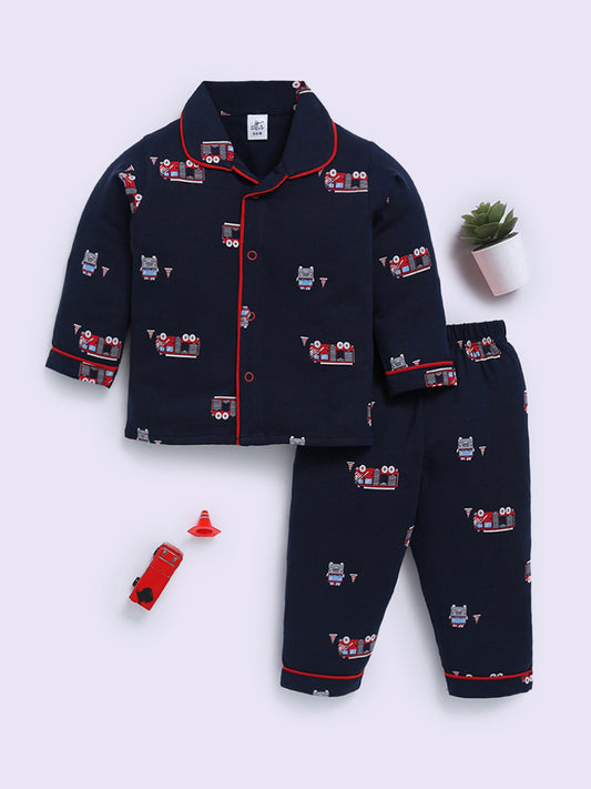 'Vehicles' Blue Cotton Full Sleeve Night Suit