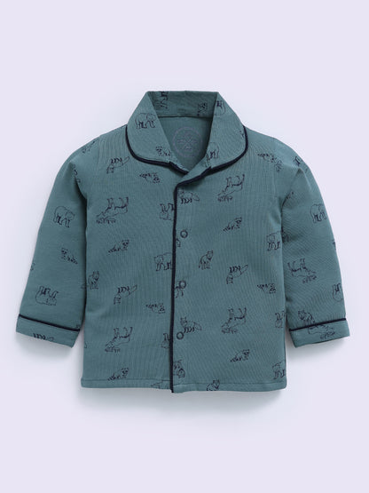 Green Cotton Animal Print Full Sleeve Night Suit