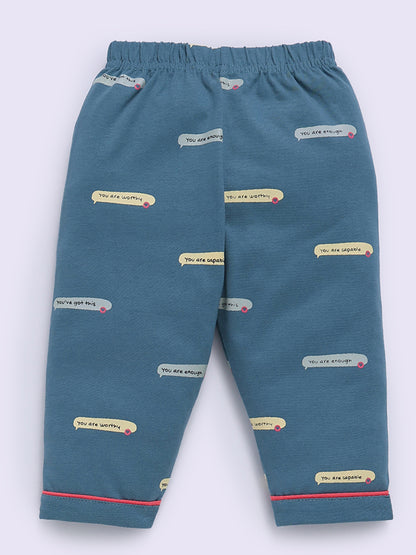 Blue Cotton Typography Full Sleeve Night Suit