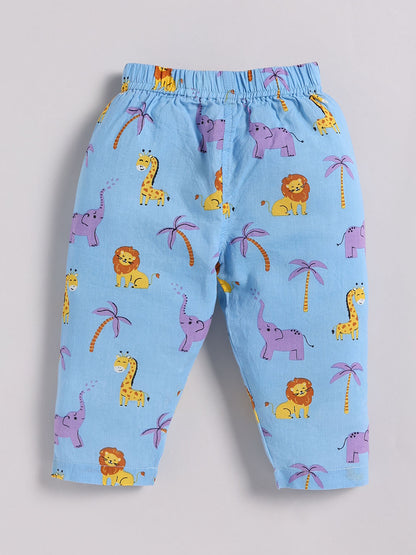 Blue Cotton "Animal Kingdom" Full Sleeve Print Kurta Pyjama