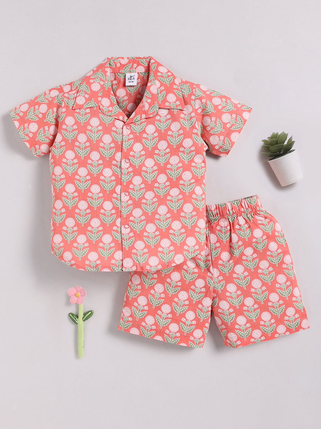 Coral Cotton Floral Half Sleeve Co-ord Set