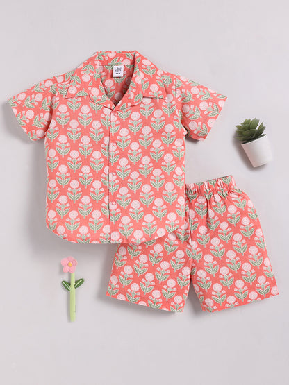Coral Cotton Floral Half Sleeve Co-ord Set