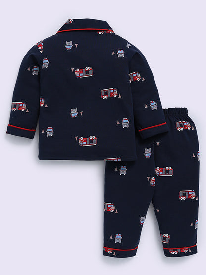 'Vehicles' Blue Cotton Full Sleeve Night Suit
