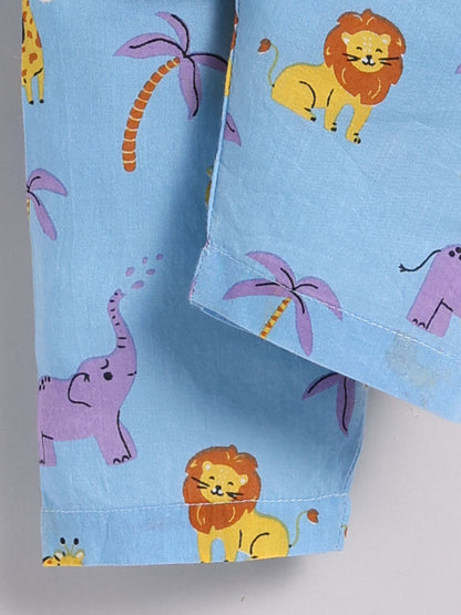 Blue Cotton "Animal Kingdom" Full Sleeve Print Kurta Pyjama