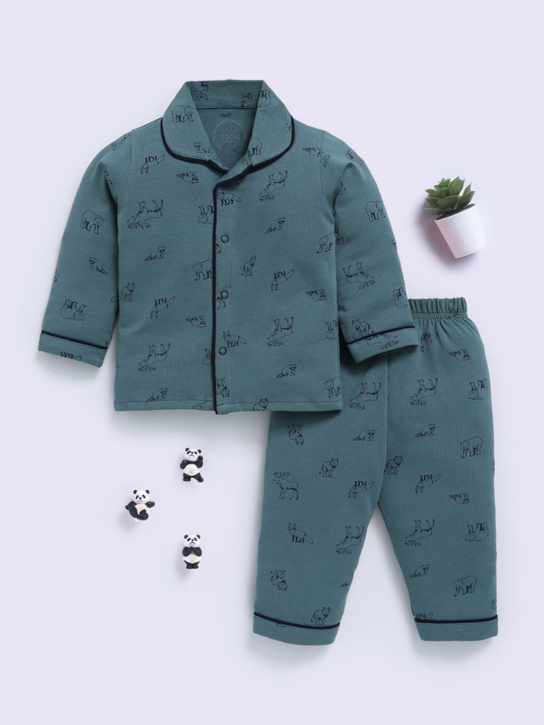 Green Cotton Animal Print Full Sleeve Night Suit