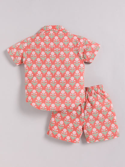 Coral Cotton Floral Half Sleeve Co-ord Set