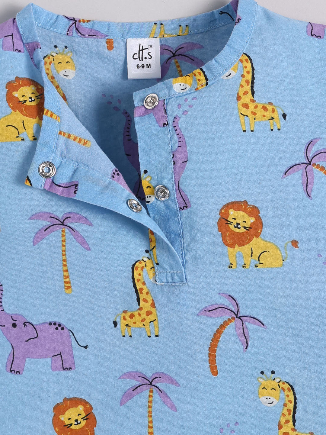 Blue Cotton "Animal Kingdom" Full Sleeve Print Kurta Pyjama