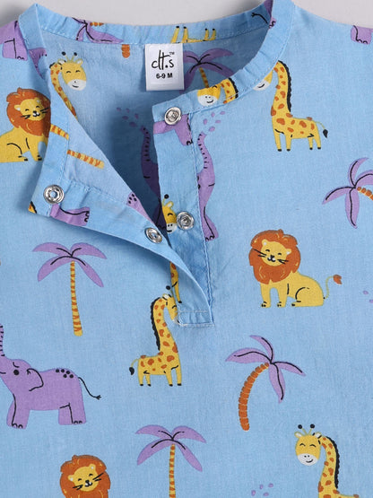 Blue Cotton "Animal Kingdom" Full Sleeve Print Kurta Pyjama