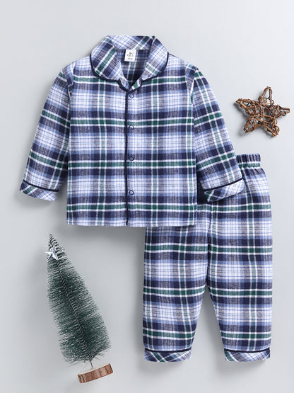 Blue Checked Cotton Full Sleeve Night Suit