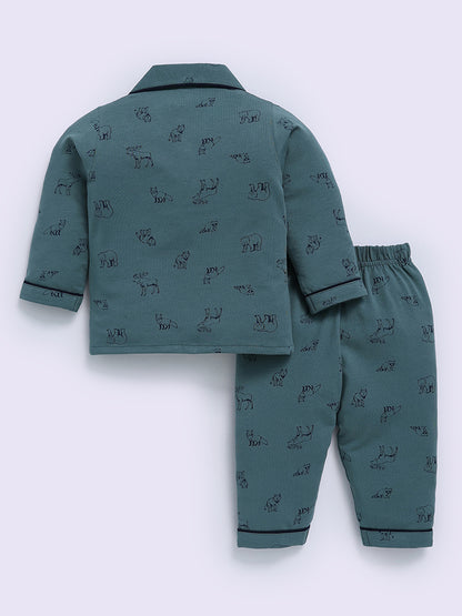 Green Cotton Animal Print Full Sleeve Night Suit