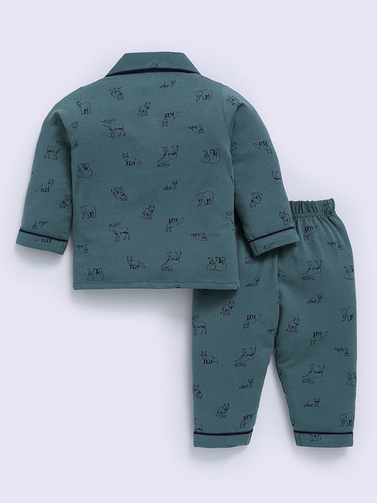 Green Cotton Animal Print Full Sleeve Night Suit