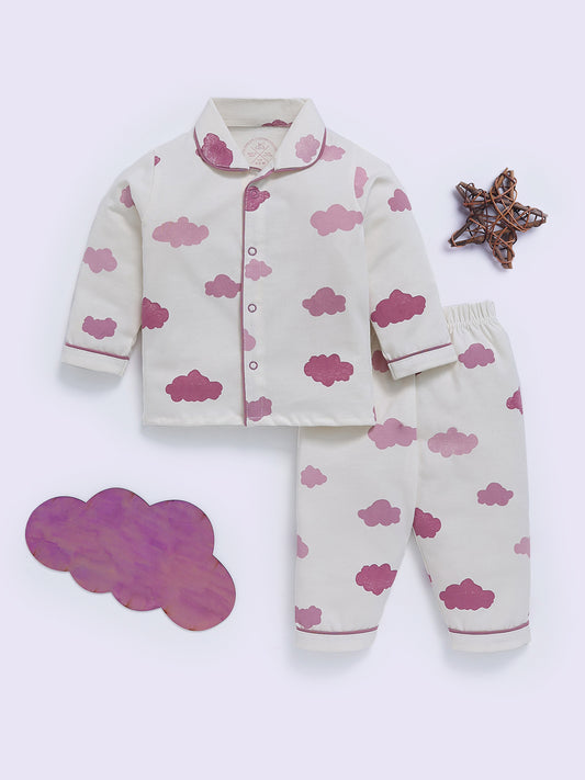 Purple Cotton Cloud Print Full Sleeve Night Suit