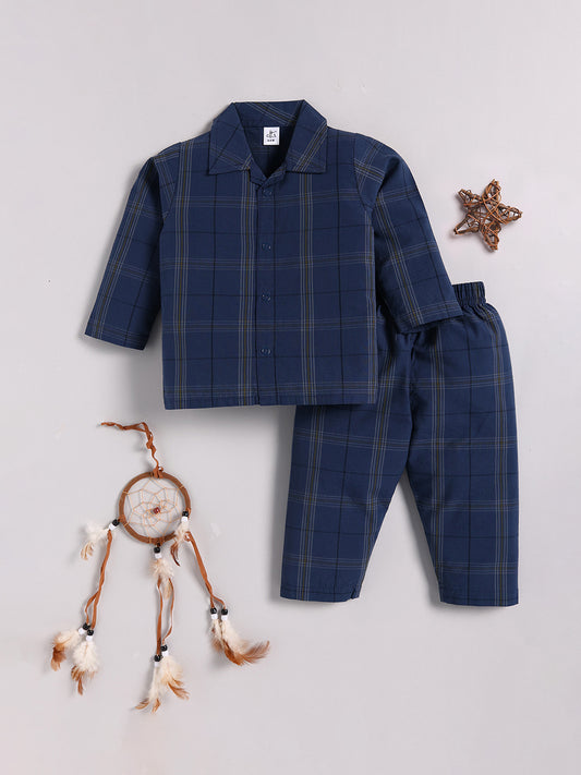 Blue Cotton Checked Full Sleeve Night Suit