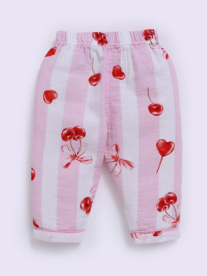 "Cherries" Pink Full Sleeves Cotton Nightwear Set
