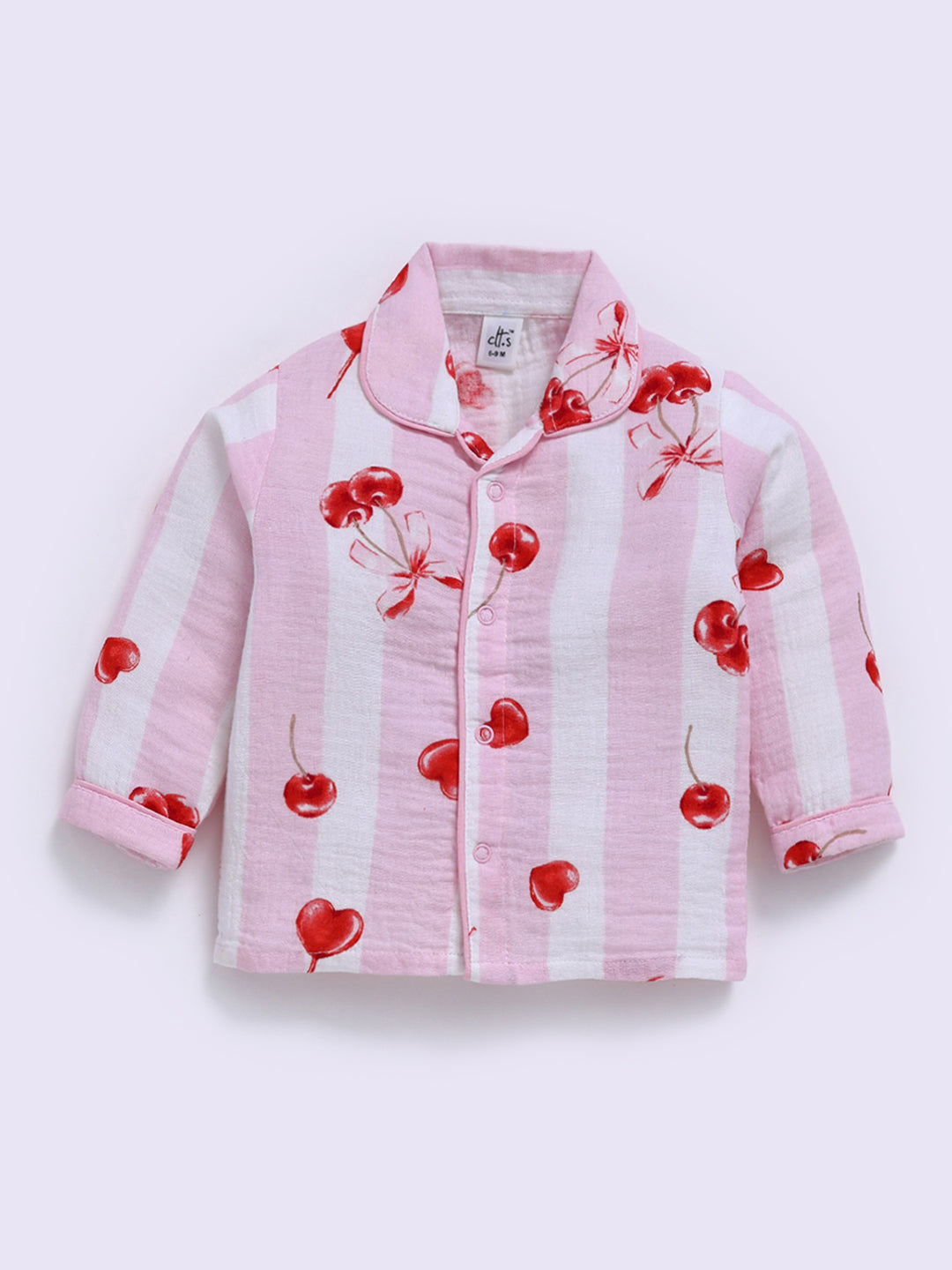 "Cherries" Pink Full Sleeves Cotton Nightwear Set